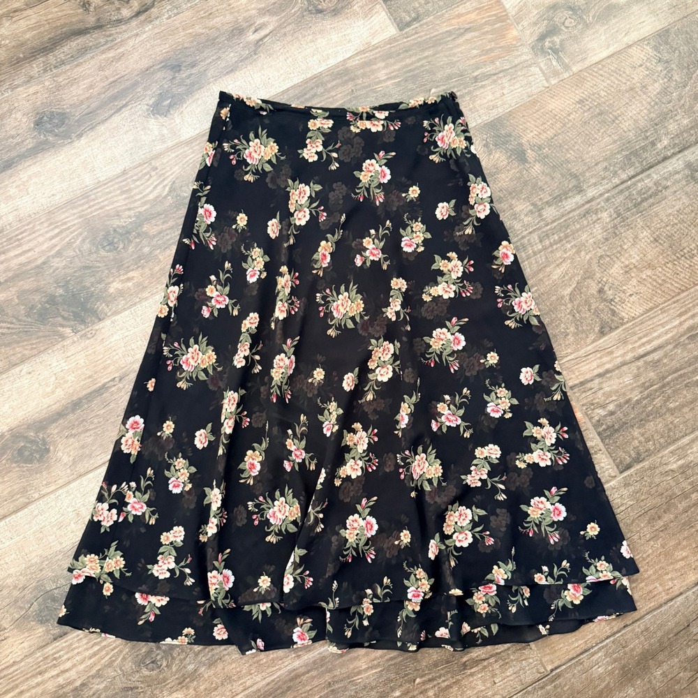 Express Compagnie Internationale Vintage 90s Womens Floral Midi Skirt, Black, M